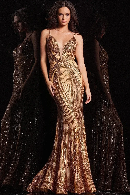 Gold 12 Jovani 09693 Long Spaghetti Strap Fitted Prom Gown Sale