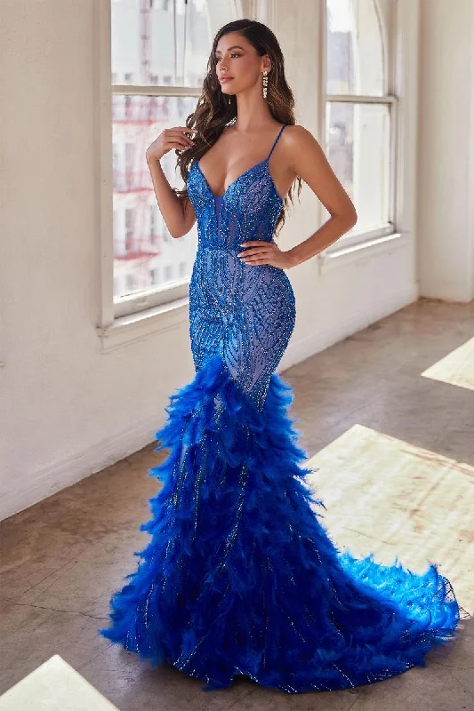 Royal 14 Cinderella Divine CC2308 Feather Beaded Prom Long Mermaid Dress Sale