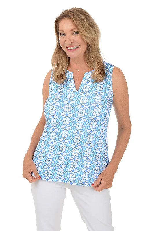 Periwinkle Optical Daisy UPF50+ Split Neck Sleeveless Top