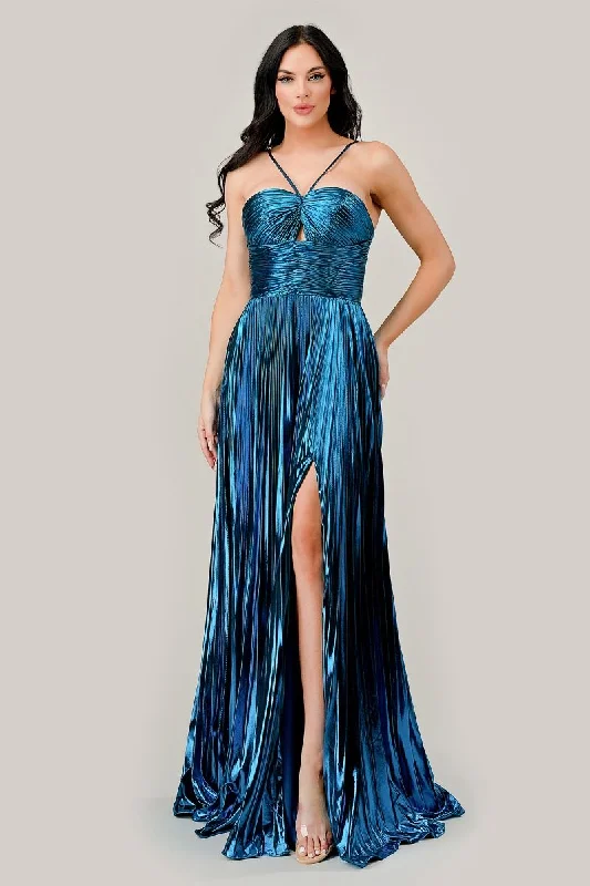 Cinderella Divine C153 Long Pleated Metallic Formal Prom Dress