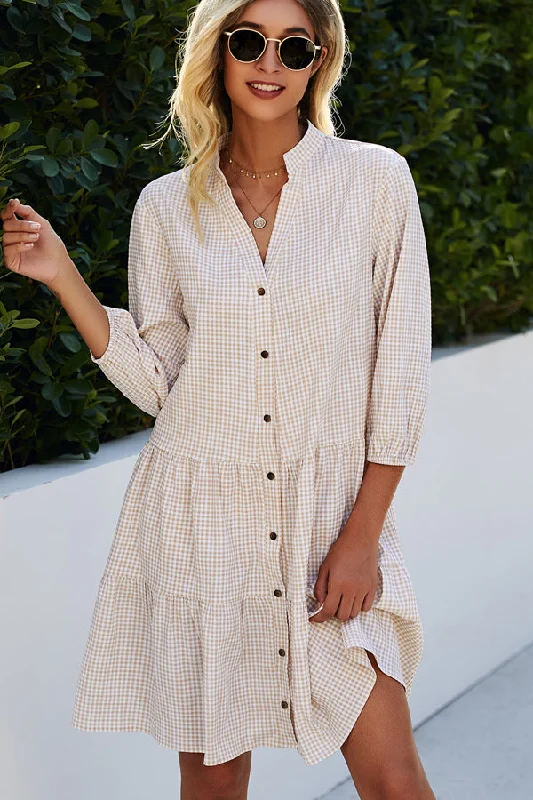 Split Neck Plaid Print Button Up Tunic Dress