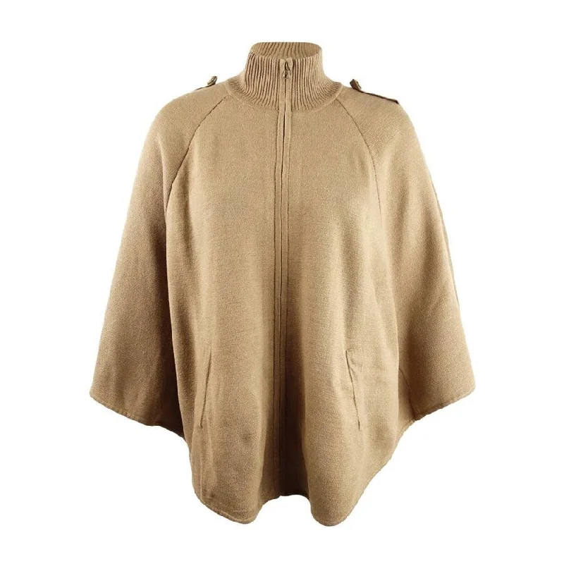 Aqua Women's Epaulettes Zip Knit Poncho Jacket (OS, Camel)