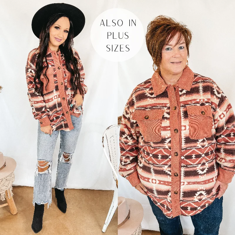 Last Chance Size 2XL & 3XL | Hollywood Hike Aztec Print Button Up Fleece Jacket with Pockets in Dusty Rose Pink