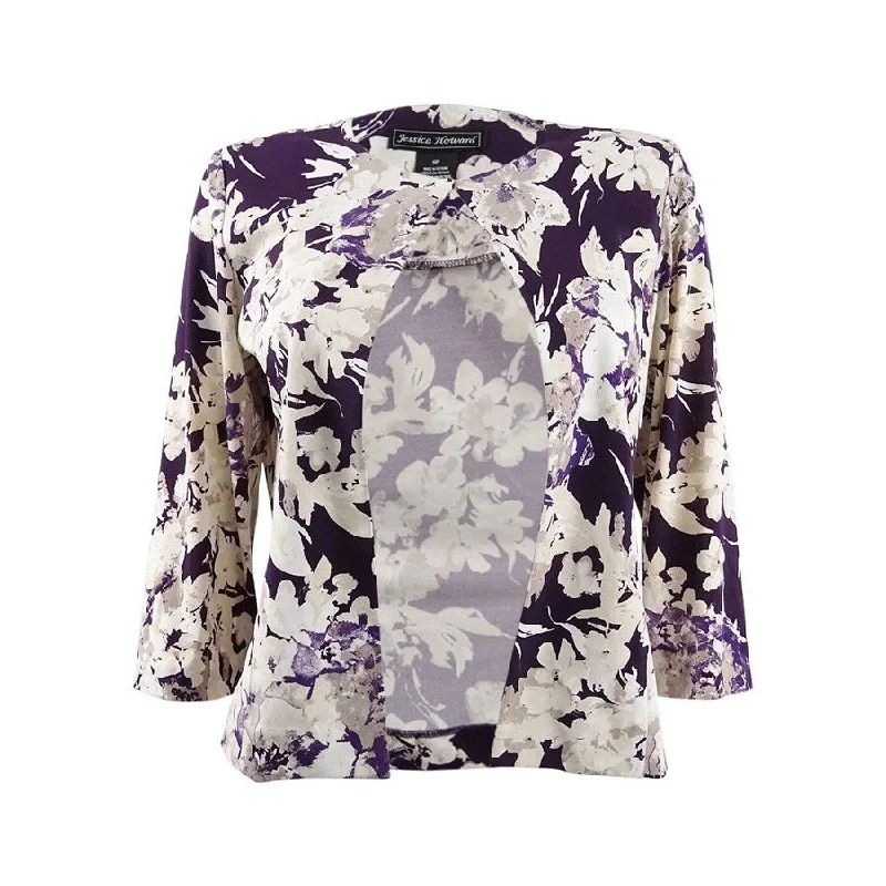 Jessica Howard Women's Floral-Print Jacket 12, Eggplant