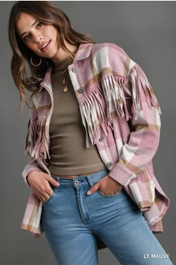 Mauve Plaid Jacket with Fringe Details