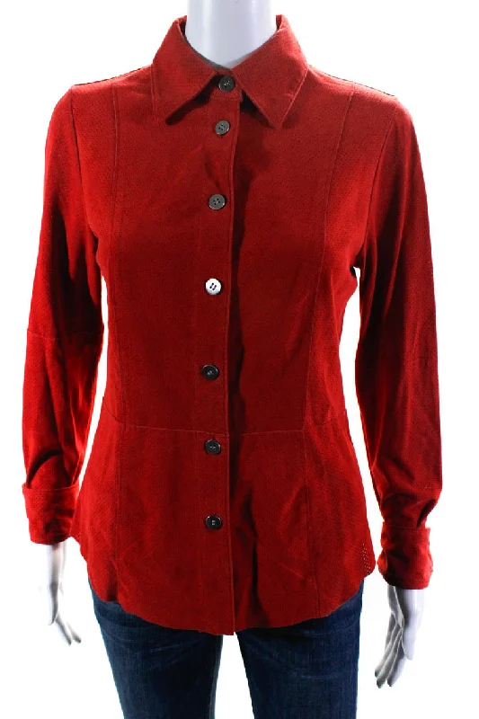 Worth Womens Perforated Suede Long Sleeve Button Up Shirt Jacket Red