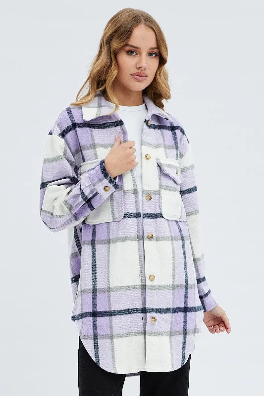 Purple Check Long Checked Print Jacket Long Sleeves