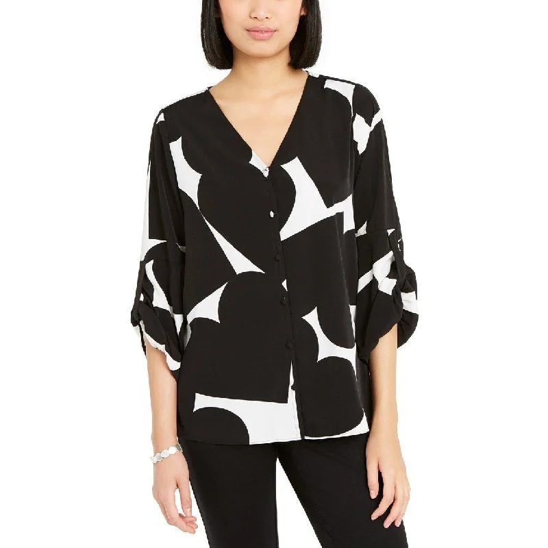 Alfani Women's Heart-Print Gathered-Sleeve Shirt Black Size Medium