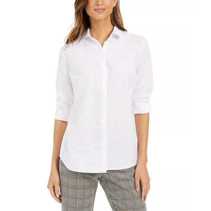 Charter Club Women's Faux-Pearl Shirt White Size Small