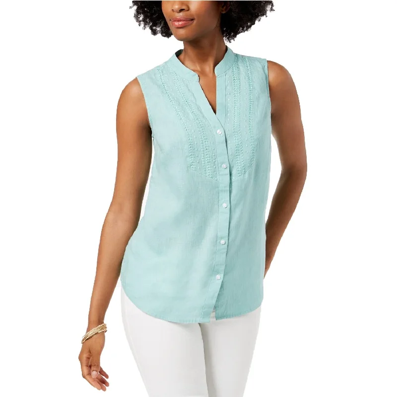 Charter Club Women's Linen Embroidered Shirt Tulum Blue Size Extra Large - X-Large