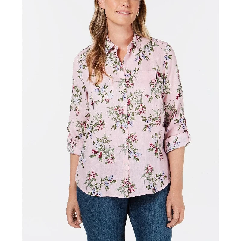 Charter Club Women's Linen Floral-Print Utility Shirt Pink Size Extra Large - XL