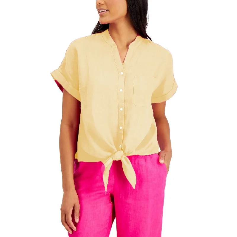 Charter Club Women's Linen Tie-Front Button-Up Shirt Yellow Size X-Small - XS