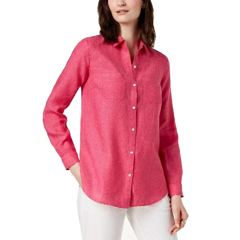 Charter Club Women's Petite Linen Utility Shirt Pink Size Small