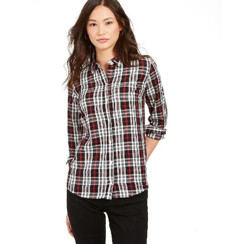 Charter Club Women's Petite Plaid Cotton Button-Up Shirt Black Size S