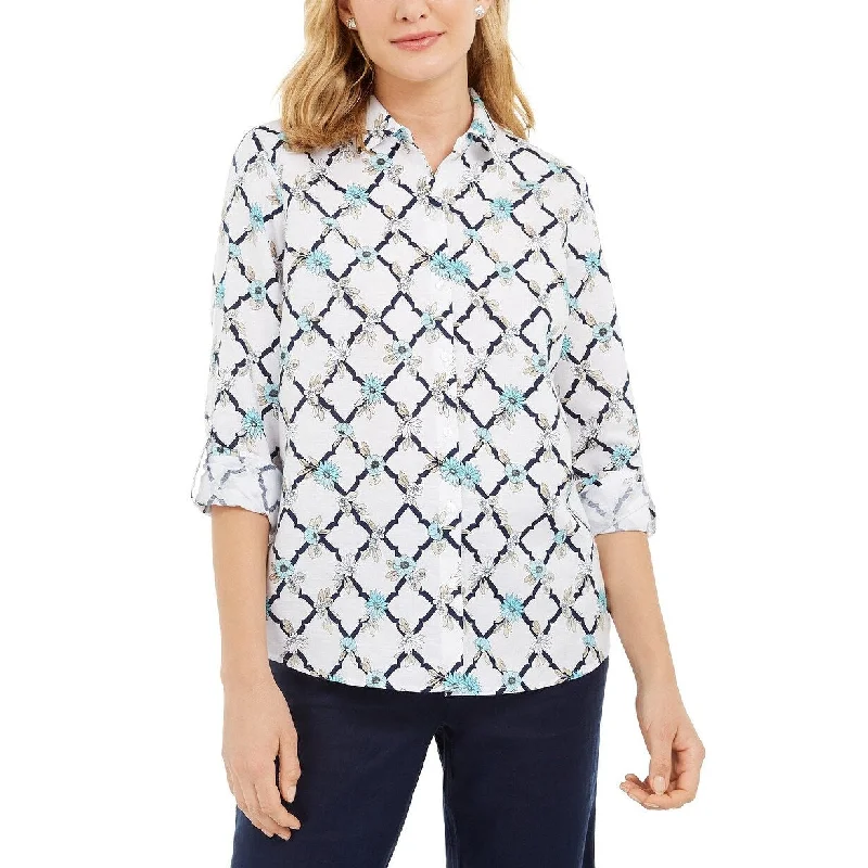 Charter Club Women's Printed Linen-Blend Shirt White Size Large