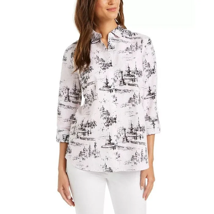 Charter Club Women's Shirt Button-Front Printed White Size Medium