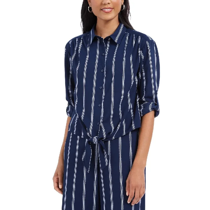 Charter Club Women's Striped Tie Front Shirt Blue Size X-Large