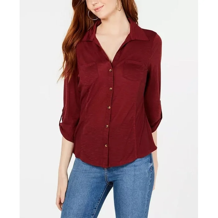 Crave Fame Juniors' Roll-Sleeve Button-Front Shirt Red Size Medium