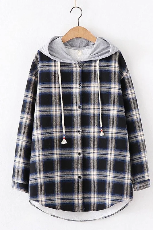 HOODED BF LOOSE PLAID INNER FLEECE WARM SHIRT