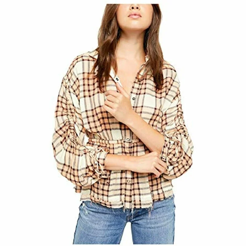 Free People Women's Pacific Dawn Drawstring Plaid Shirt Orange Size Small