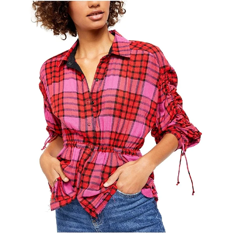 Free People Women's Pacific Dawn Drawstring Plaid Shirt Red Size Large