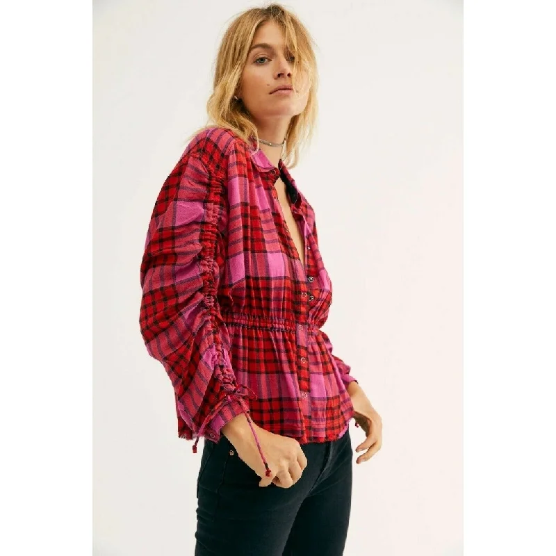 Free People Women's Pacific Dawn Drawstring Plaid Shirt Red Size XS