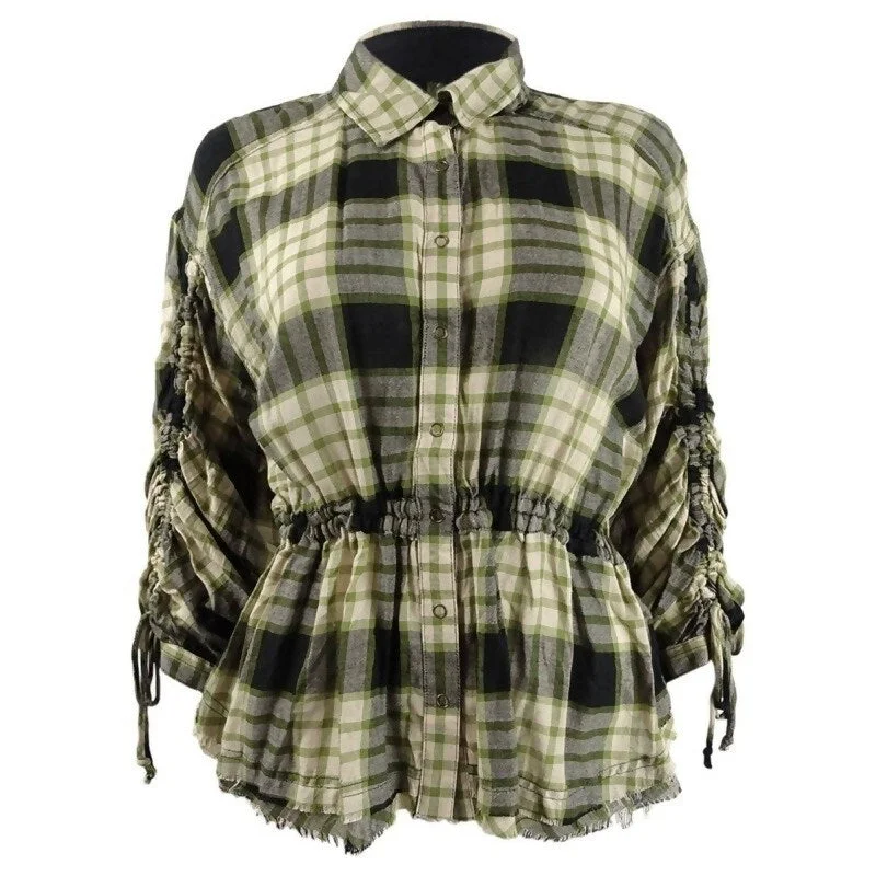 Free People Women's Plaid Button Down Shirt Black Size XS - X-Small