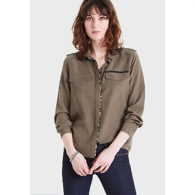 IKKS Women's Pocket Detail Button Down Shirt Green Size Medium (38)