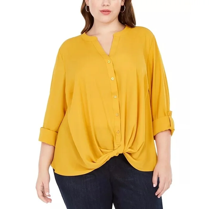 INC International Concepts Women's Twist Front Shirt Yellow Size 2X