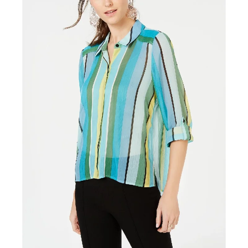 INC International Concepts Women's Vertical-Stripe Button-Up Shirt Green Size Extra Small - X-Small