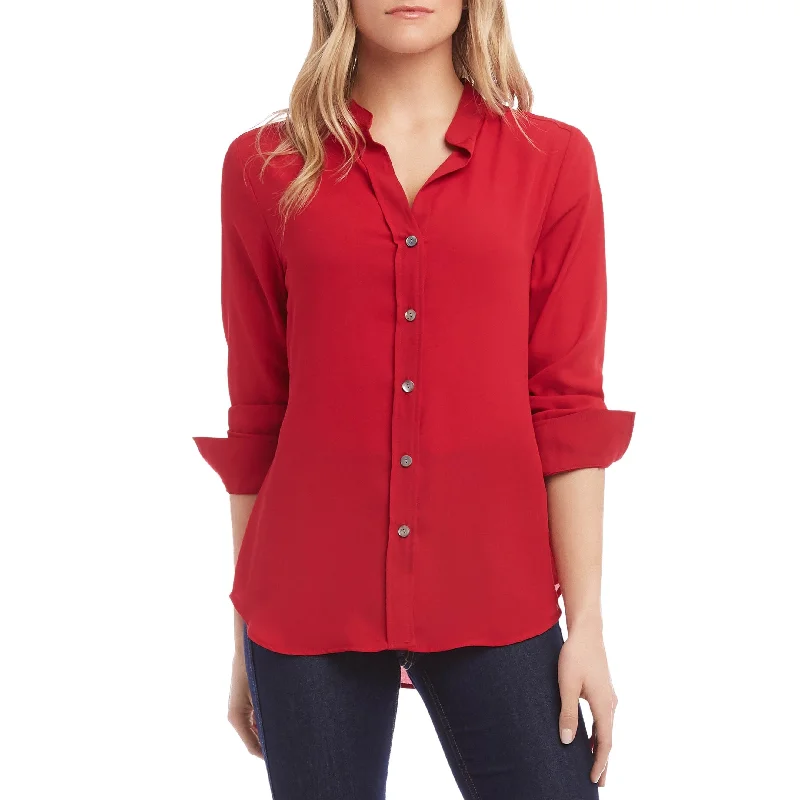 Karen Kane Women's Shirred Sleeve Button-Up Shirt Red Size Small