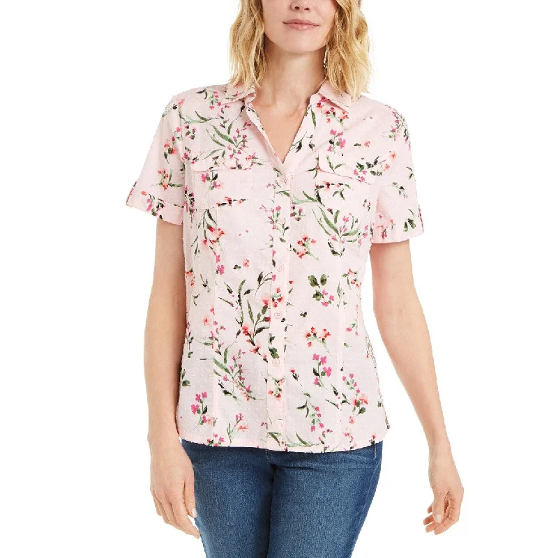 Karen Scott Women's Cotton Floral-Print Shirt Pink Size Medium