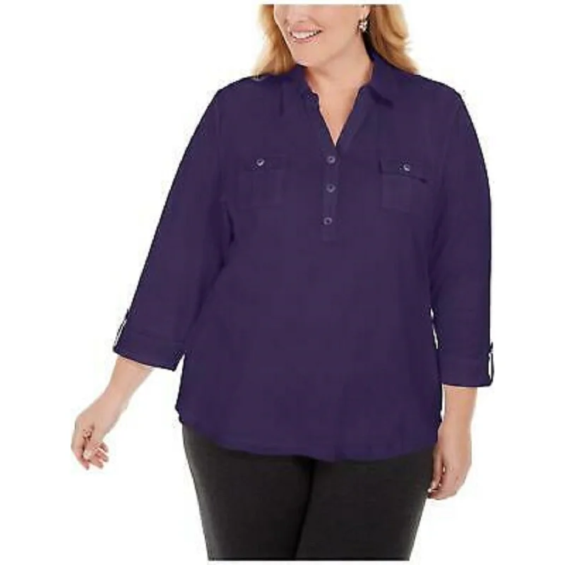 Karen Scott Women's Cotton Johnny-Collar Utility Shirt Dark Blue Size Medium