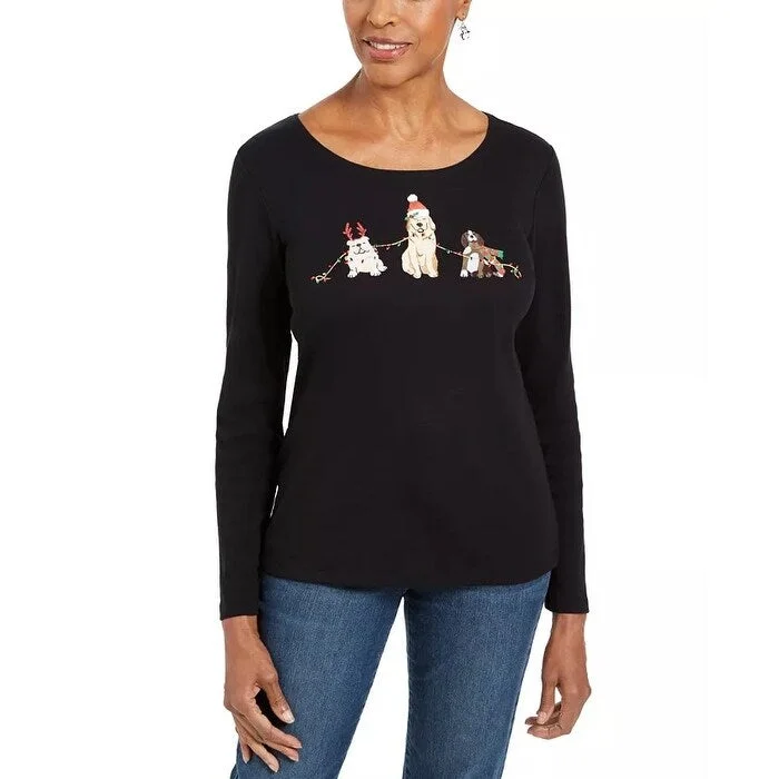 Karen Scott Women's Embroidered Holiday Dog Shirt Black Size Medium