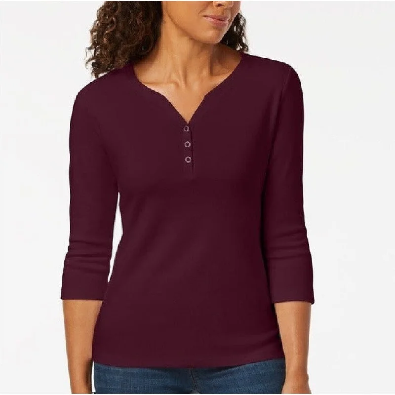 Karen Scott Women's Petite 3/4-Sleeve Henley Shirt Merlot Size Large