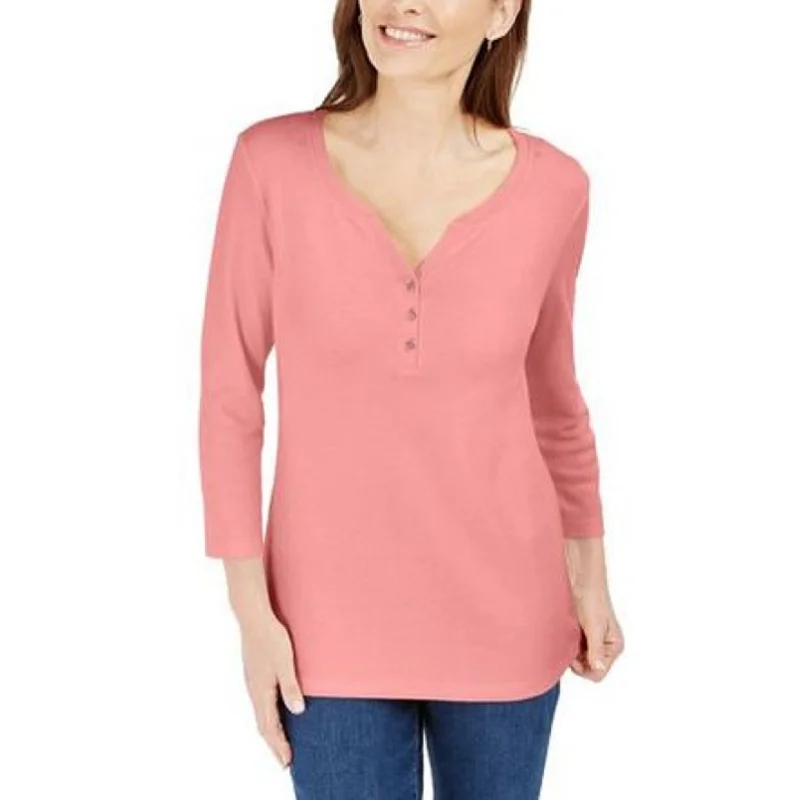 Karen Scott Women's Petite Cotton Henley Shirt Pink Size Medium