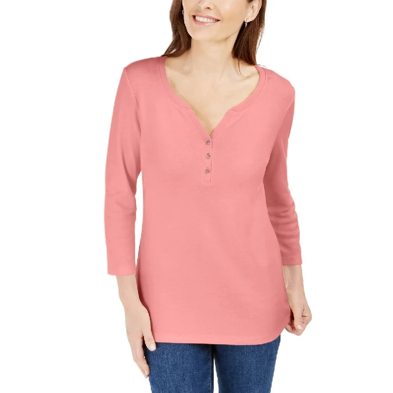 Karen Scott Women's Petite Cotton Henley Shirt Pink Size Petite