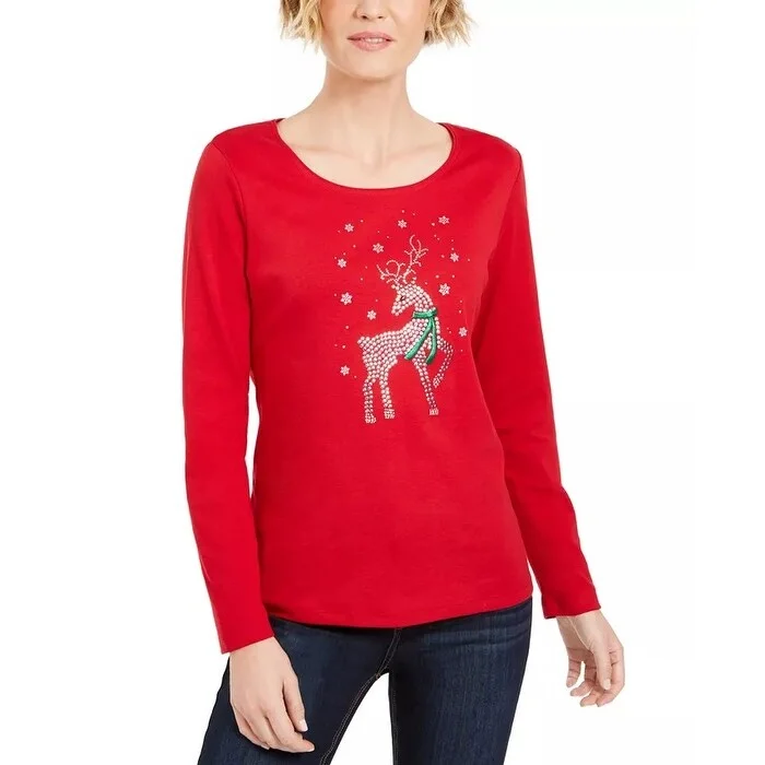 Karen Scott Women's Rhinestone Reindeer Holiday Shirt Bright Red Size Medium