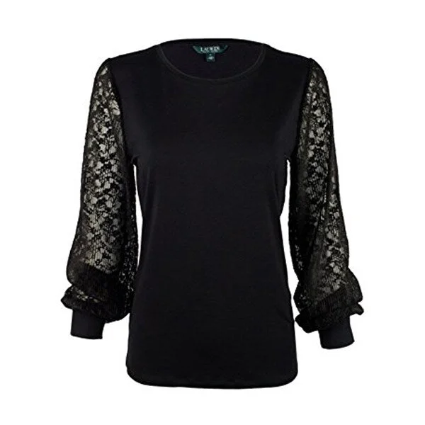 Lauren Ralph Lauren Lace-Sleeve Jersey Shirt, Black, M