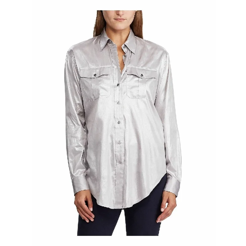 Lauren Ralph Lauren Women's Charmeuse Button-Down Shirt Silver Size L - Large