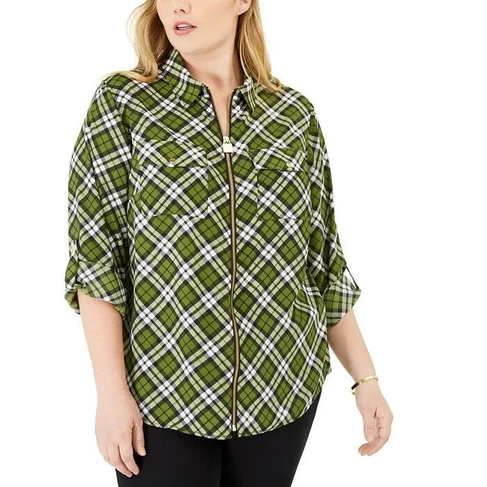 Michael Kors Women's Plus Bias Plaid Dog Tag Shirt Green Size 1X