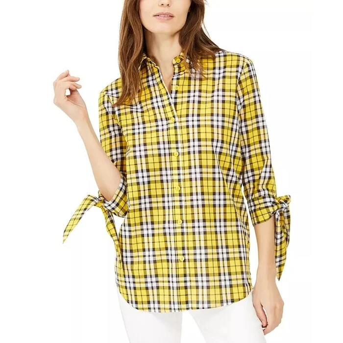 Michael Michael Kors Women's Petite Cotton Plaid Tie-Sleeve Shirt Yellow Size Petite Small - Petite-Small