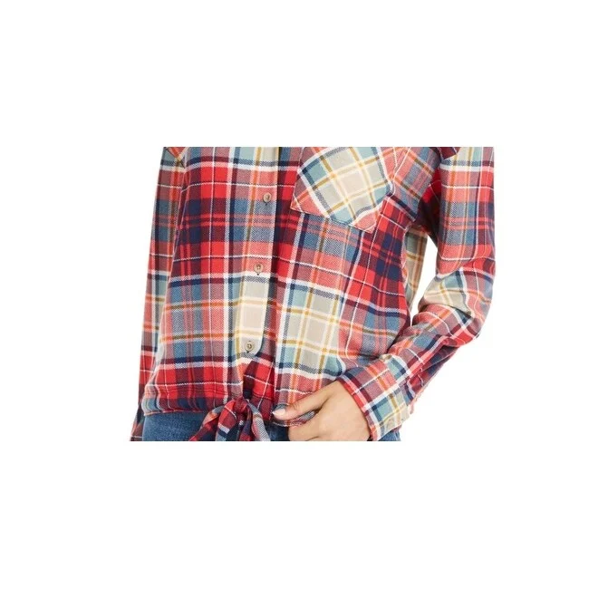 Polly & Esther Junior's Soft Drawstring Hem Plaid Shirt Red Size Large