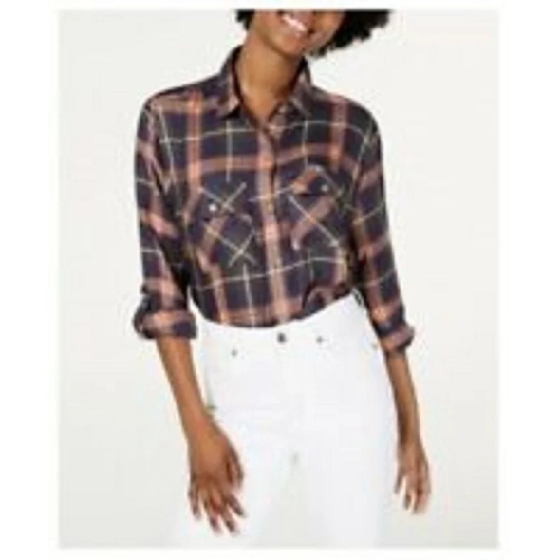 Polly & Esther Women's Plaid Utility Shirt Brown Size Medium