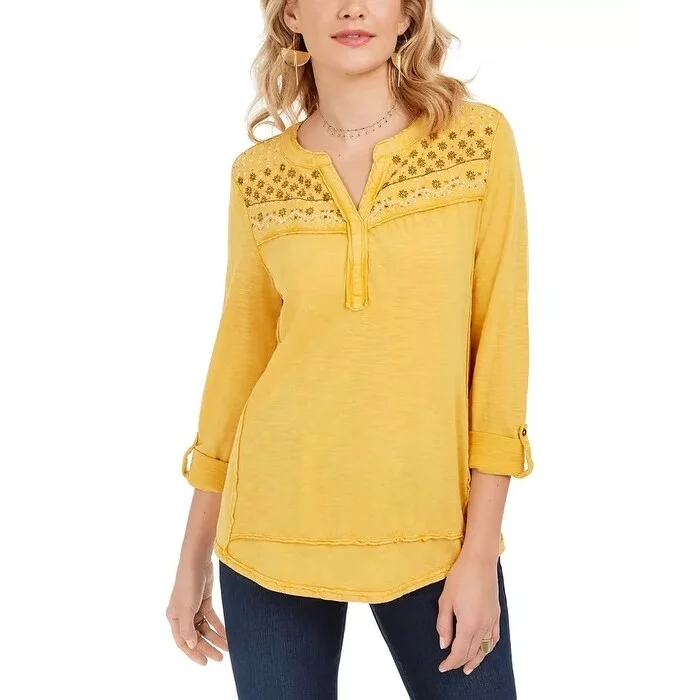 Style & Co Women's Embroidered Cotton Jersey Shirt Gold Size Large