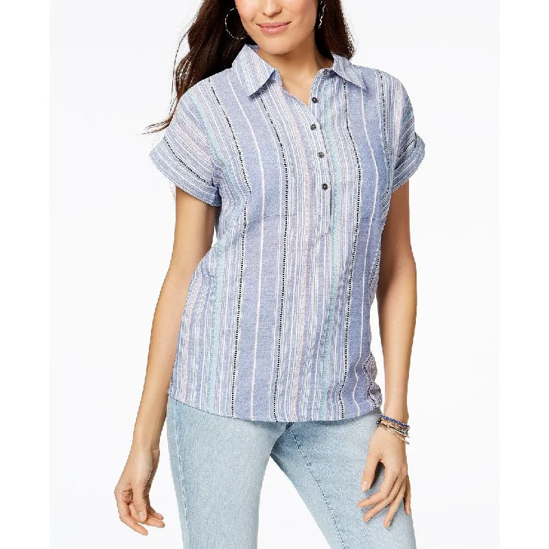 Style & Co Women's Petite Cotton Textured Striped Shirt Blue Size Large