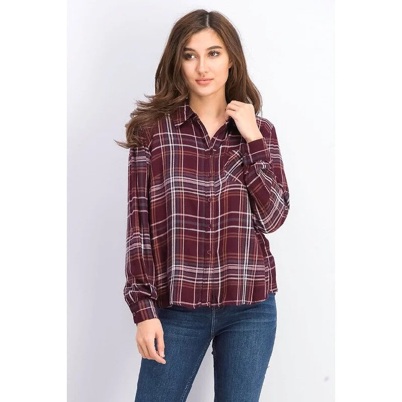 Style & Co Women's Plaid One-Pocket Shirt Dark Red Size Medium