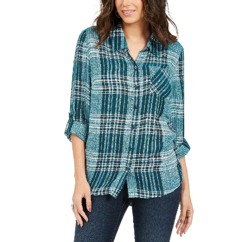 Style & Co Women's Sparkle Plaid Shirt Green Size Small