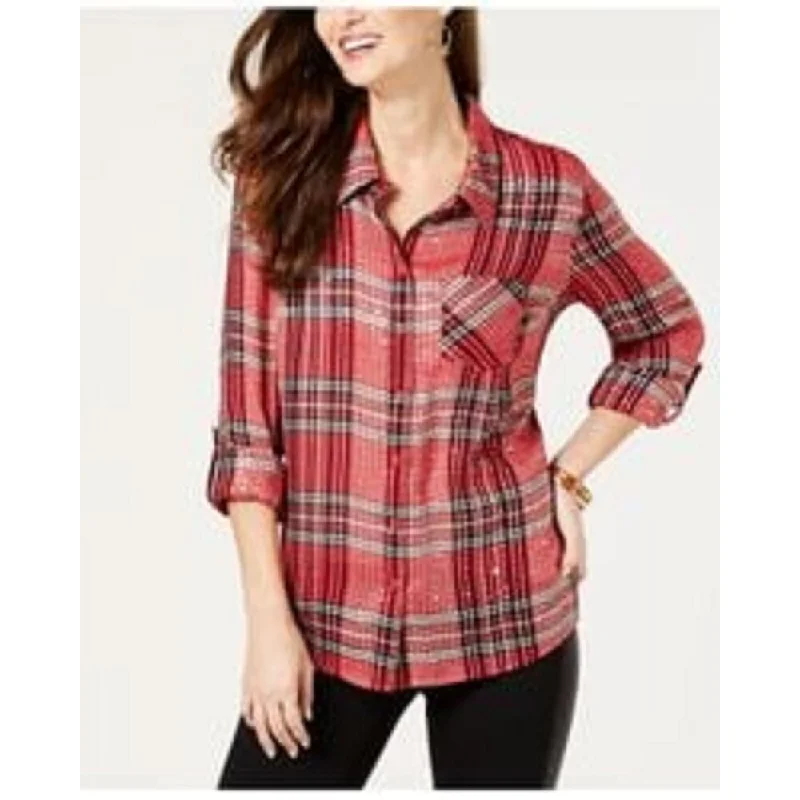 Style & Co Women's Sparkle Plaid Shirt Medium Red Size Large