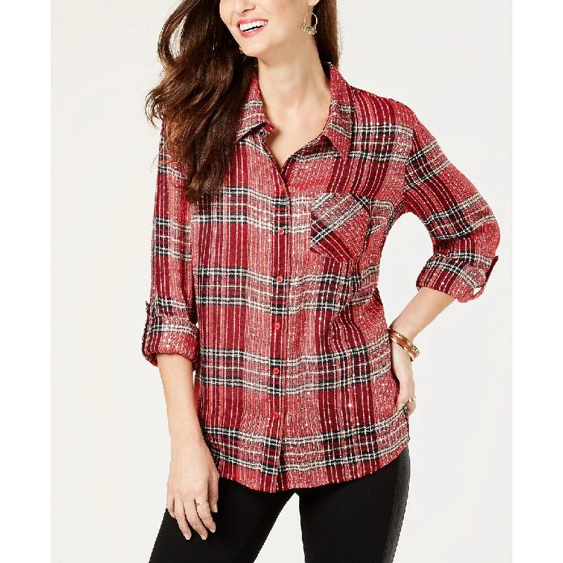 Style & Co Women's Sparkle Plaid Shirt Red Size Large